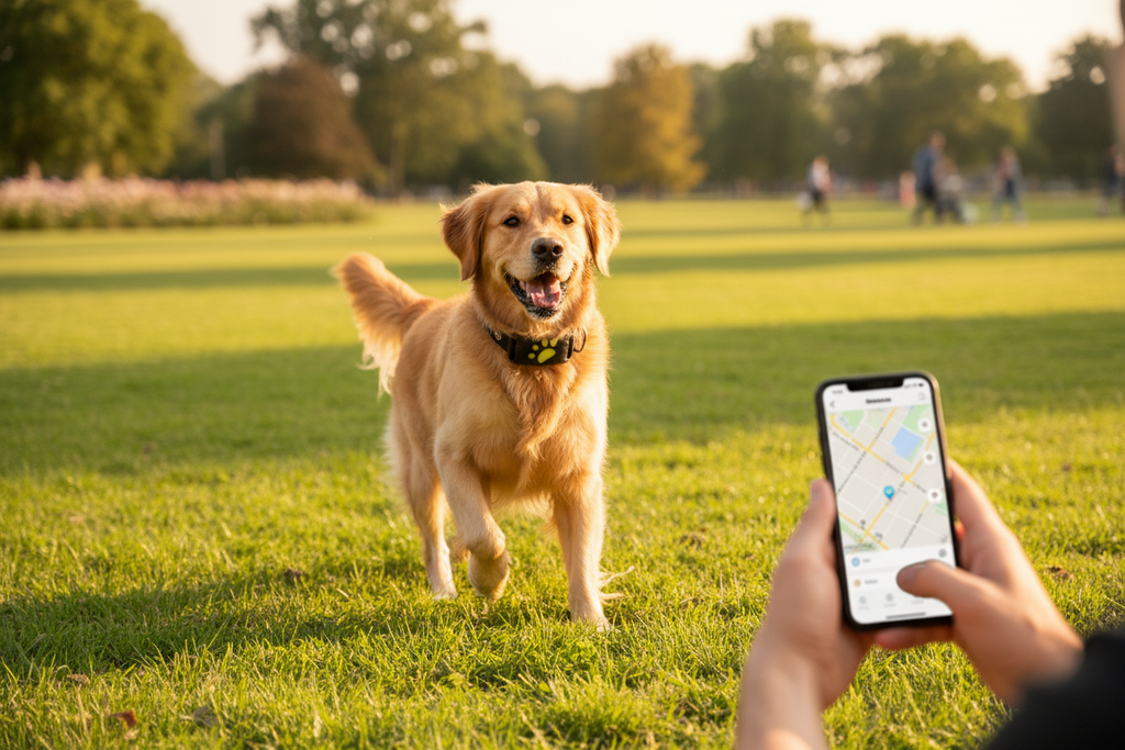 Chien golden retriever avec traceur GPS Pet Paw sur collier – suivi temps réel smartphone