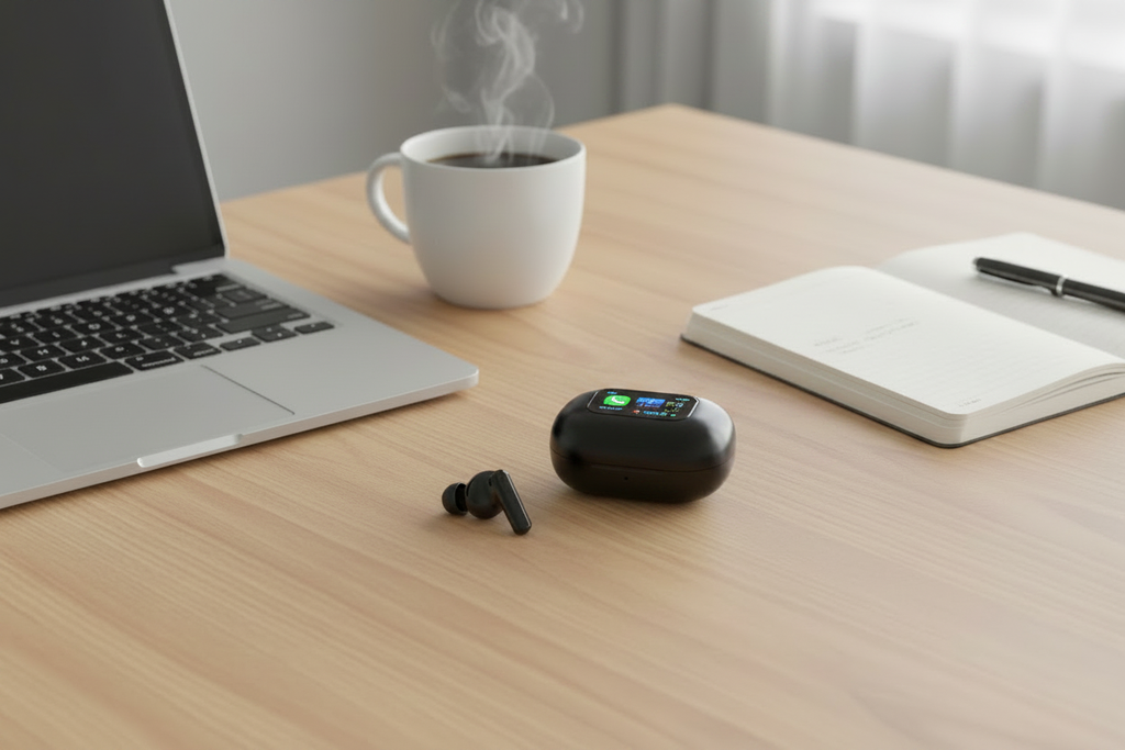 SE-one écouteurs et boîtier en situation bureau – ambiance workspace
