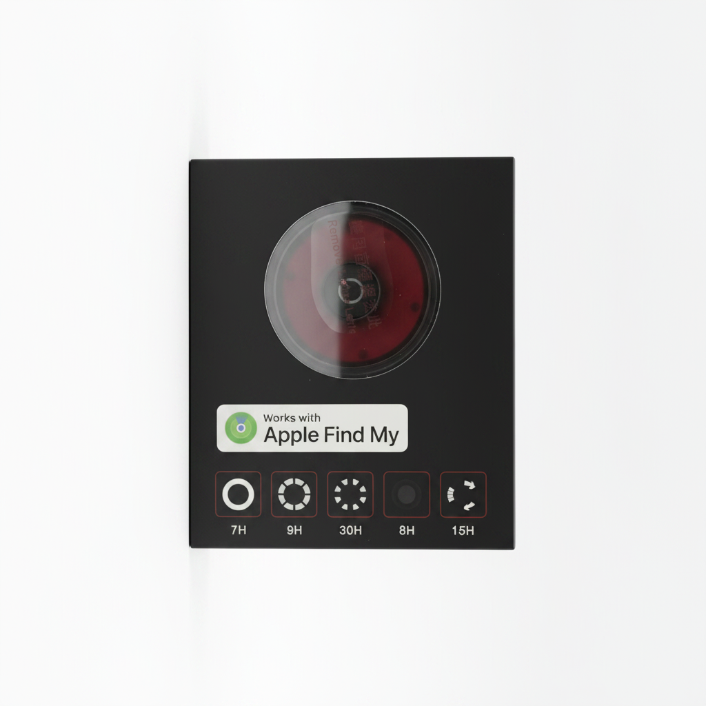 Boîte feu arrière LED Locator noire – badge Apple Find My et 5 modes d’éclairage fond blanc