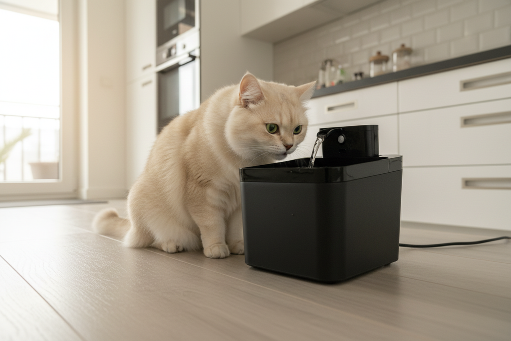 Chat buvant à la fontaine automatique noire – mise en situation cuisine