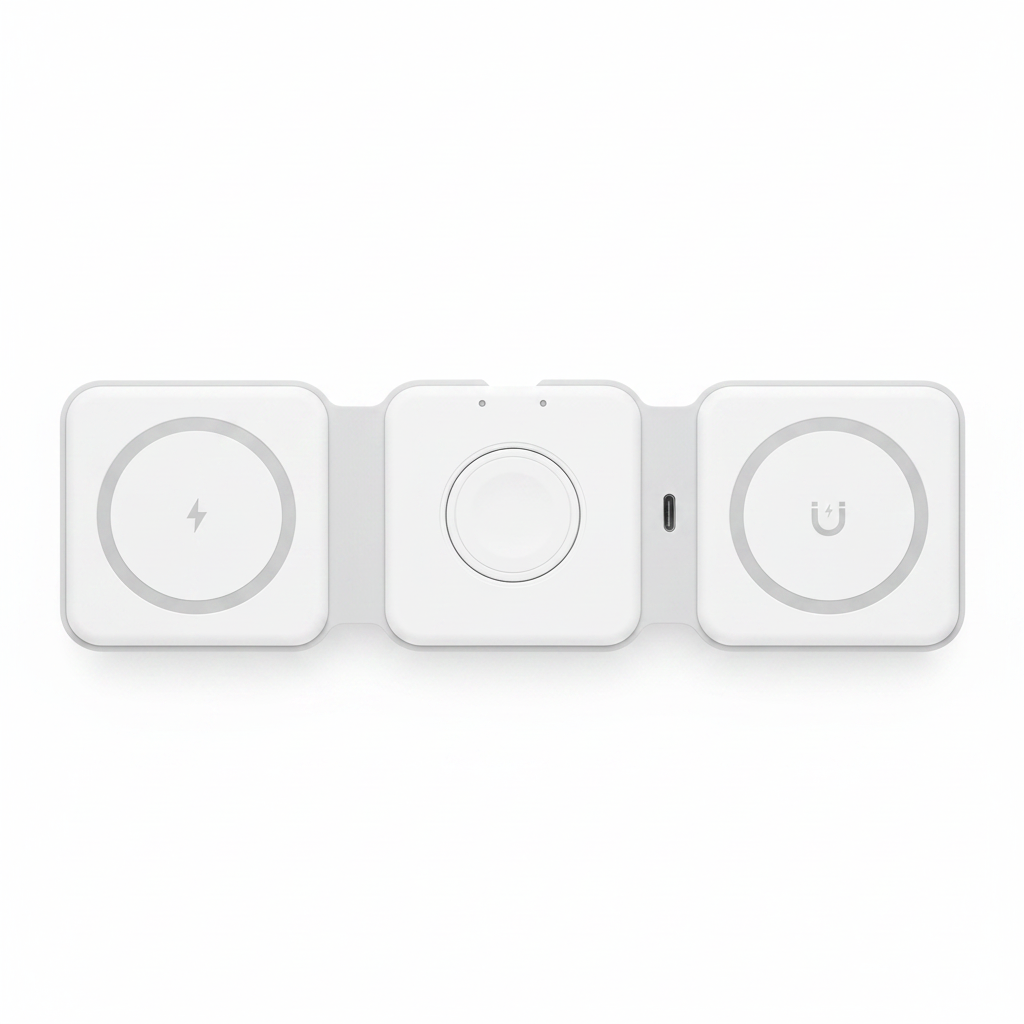 Chargeur sans fil magnétique 3-en-1 blanc – fond blanc studio