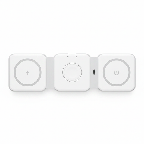 Chargeur sans fil magnétique 3-en-1 blanc – fond blanc studio