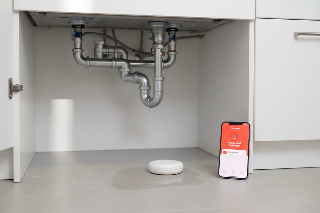 Détecteur fuite eau WD72 en situation – sous évier cuisine avec alerte smartphone
