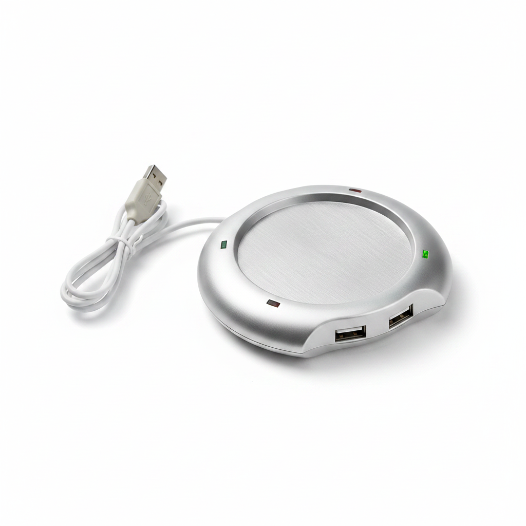 USB Hub 4 ports avec chauffe-tasse intégré argenté – fond blanc