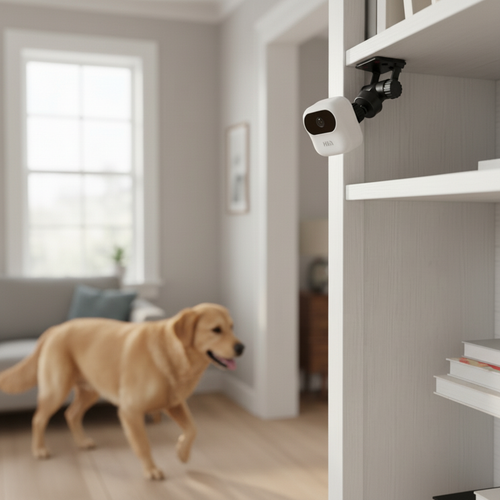 Mini caméra HD WiFi orientée vers un golden retriever marchant sur le parquet dans un salon scandinave lumineux