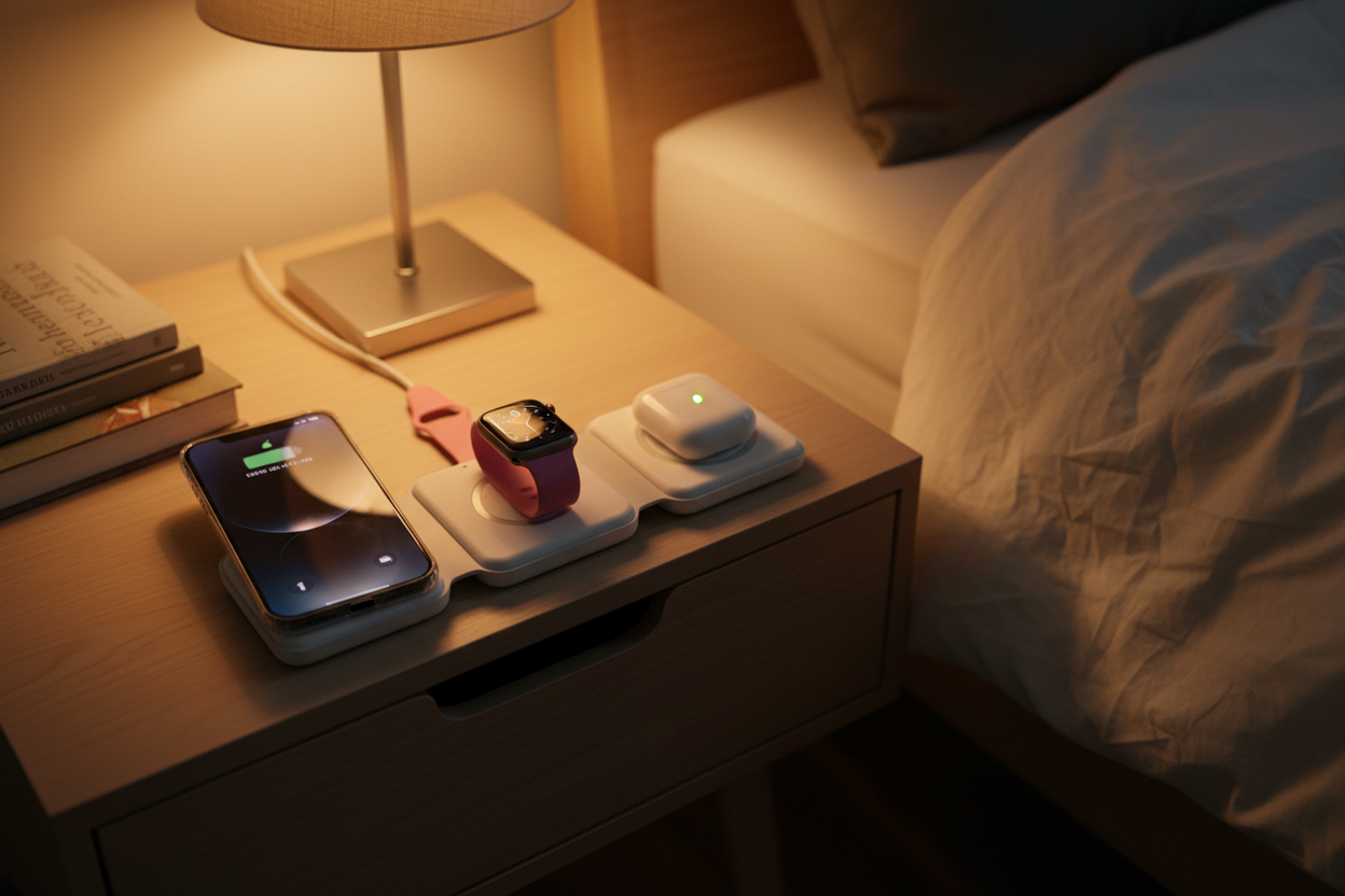 Chargeur 3-en-1 en situation – iPhone, Apple Watch et AirPods sur table de nuit