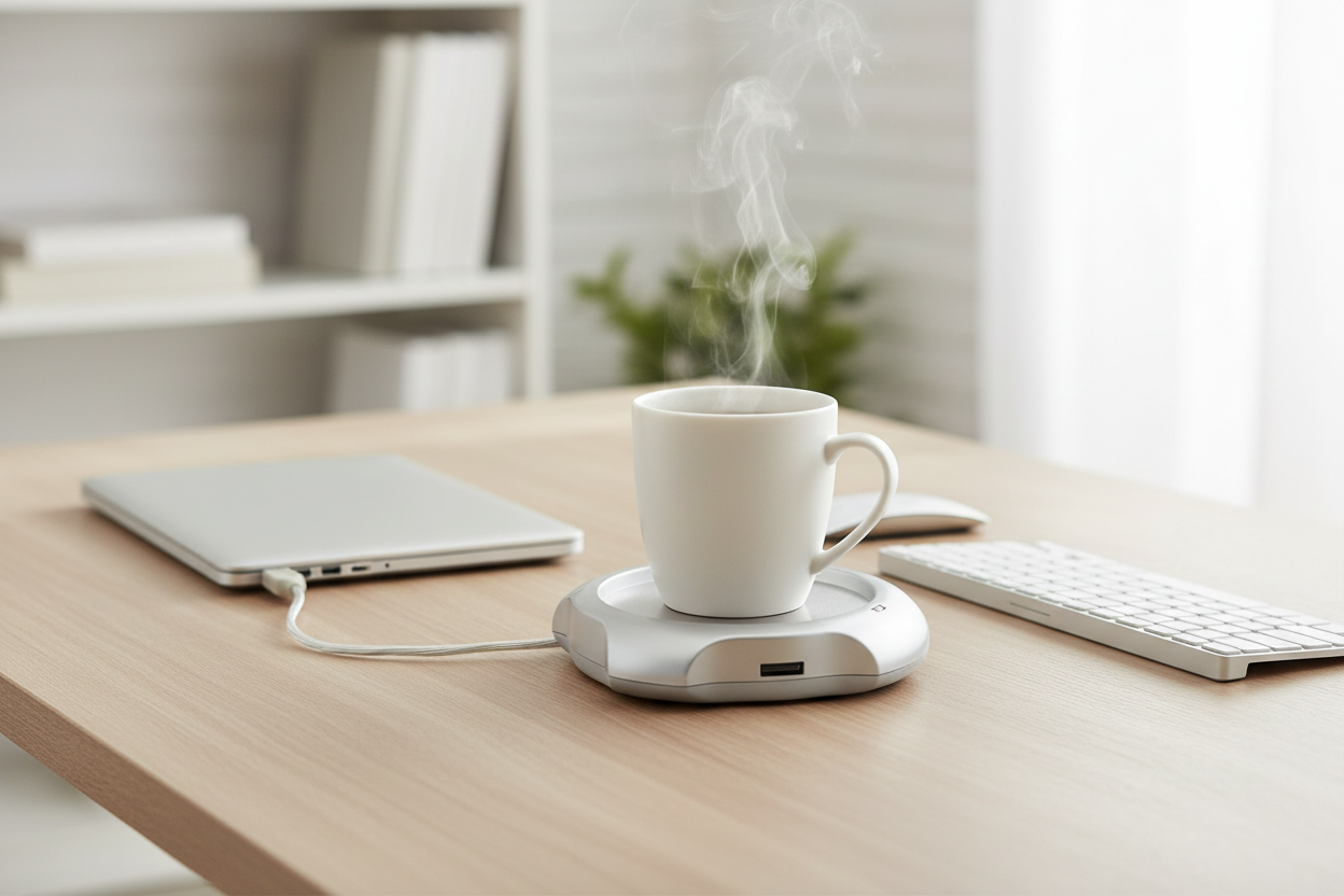 USB Hub Warmer avec tasse de café sur bureau – mise en situation