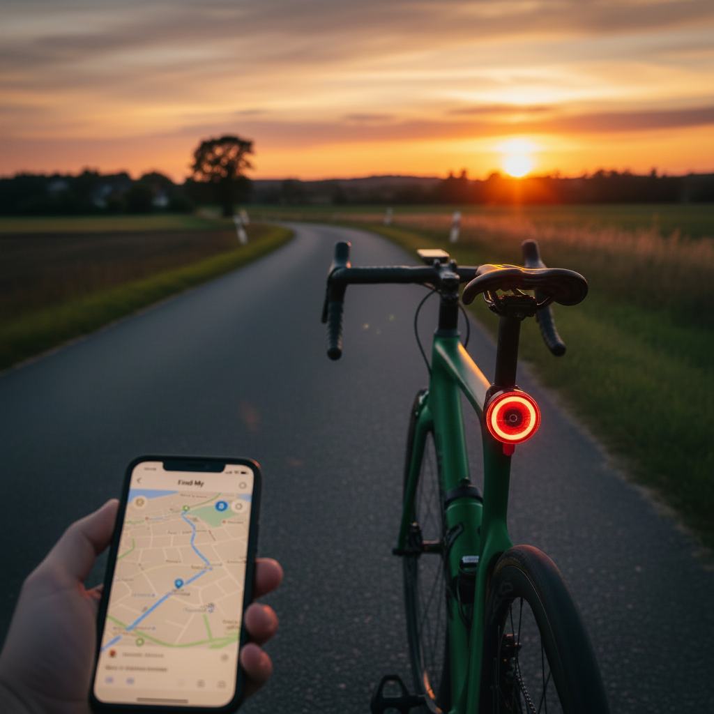 Feu arrière LED Locator sur vélo au coucher du soleil – app Apple Find My en situation réelle